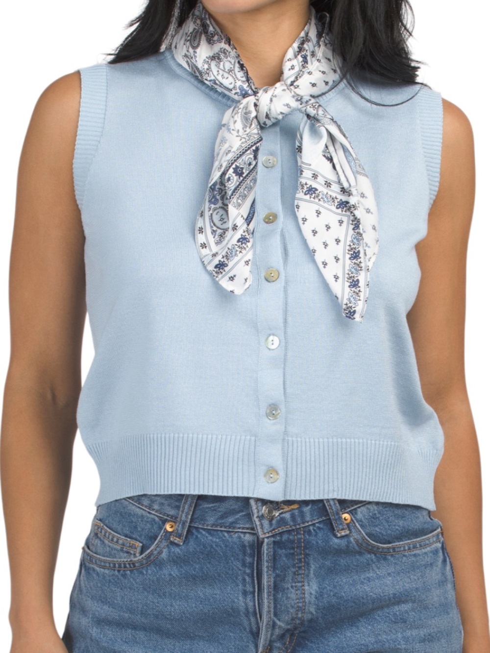 Cynthia Rowley Light Blue Sleeveless Button-Front Knit Tank with Neck Scarf